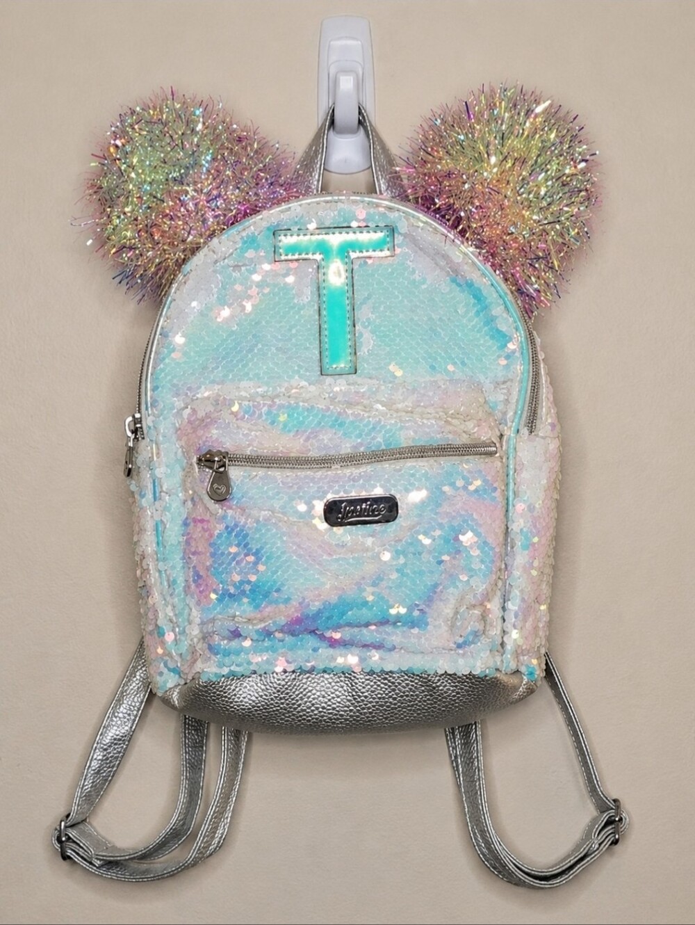Justice Girls Silver Flip Sequin Pompom Mini Backpack T Initial Sparkle Shiny